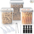 qeerable Airtight Dog Treat Container Set - Shatterproof Plastic Pet Treat Container with Scoops, Tongs & Labels - 3 Pack Clear Dog Cookie Jar for Kitchen Counter Organization & Freshness