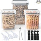 qeerable Airtight Dog Treat Container Set - Shatterproof Plastic Pet Treat Container with Scoops, Tongs & Labels - 3 Pack Clear Dog Cookie Jar for Kitchen Counter Organization & Freshness
