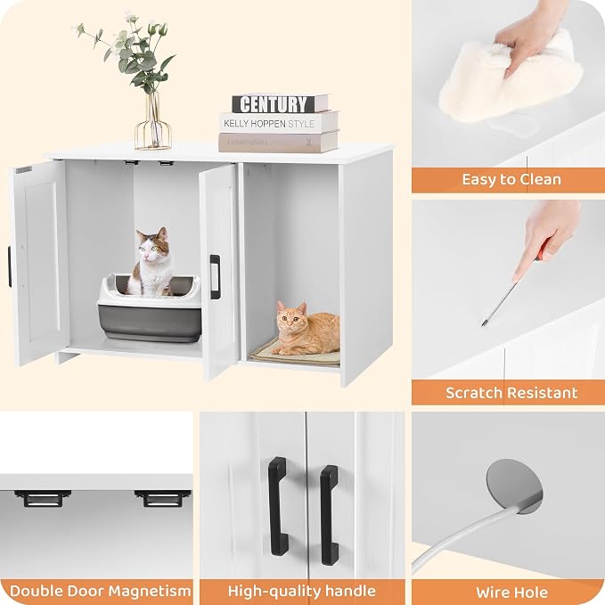 Dwanton Litter Box Enclosure, Cat Litter Box Furniture Hidden, with Scratching Mat, Wooden Cat Washroom Indoor, 31.5" L x 19.7" W x 21.7" H, White