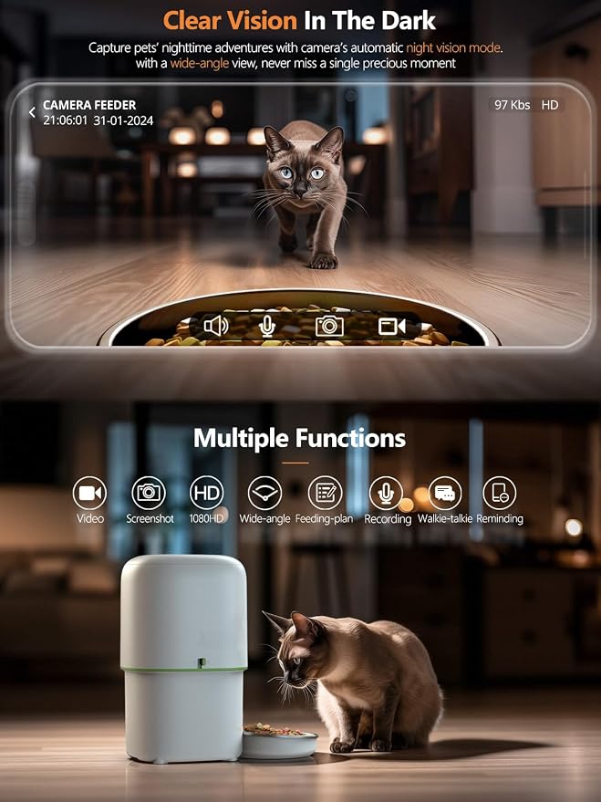Automatic Cat Feeder with Camera - 5G WiFi Auto Cat Food Dispenser, 1080P HD Video with Night Vision, 1-15 Meals, 1-99 Portions, 2-Way Audio, Keeps Food Fresh, 4L Timed Pet Feeder Also for Dogs