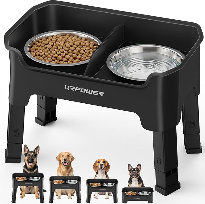 URPOWER Mess Proof Elevated Dog Bowls, Splash Guard Raised Bowl Stand | 4 Height Adjustable Raised Stand with 2 Stainless Steel Food Bowls & Licking Plate for Small, Medium & Large Dogs