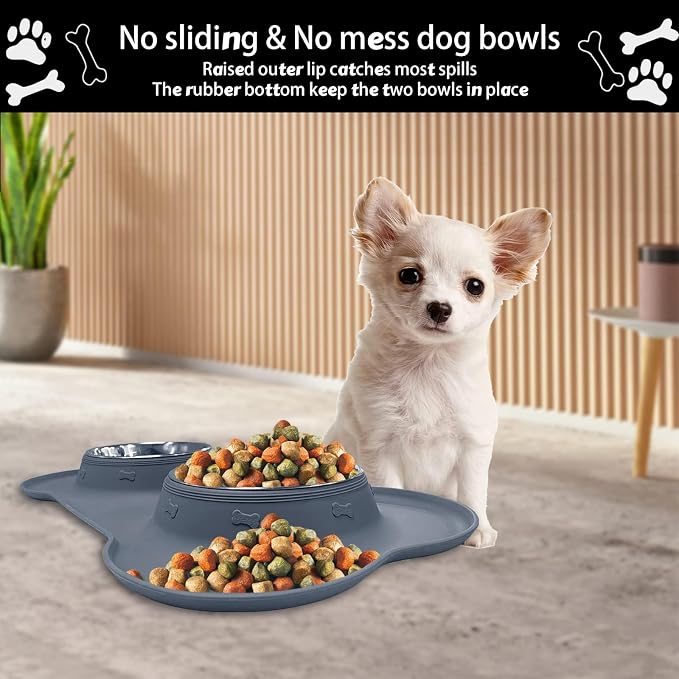 AsFrost Dog Food Bowls Stainless Steel Dog Food and Water Bowl Set, Dog Dishes No Spill Non Slip Silicone Mat, Dog Bowls for Small Medium Size Dogs Cat Puppy Pet Food Feeding Bowls, Grey, 12oz
