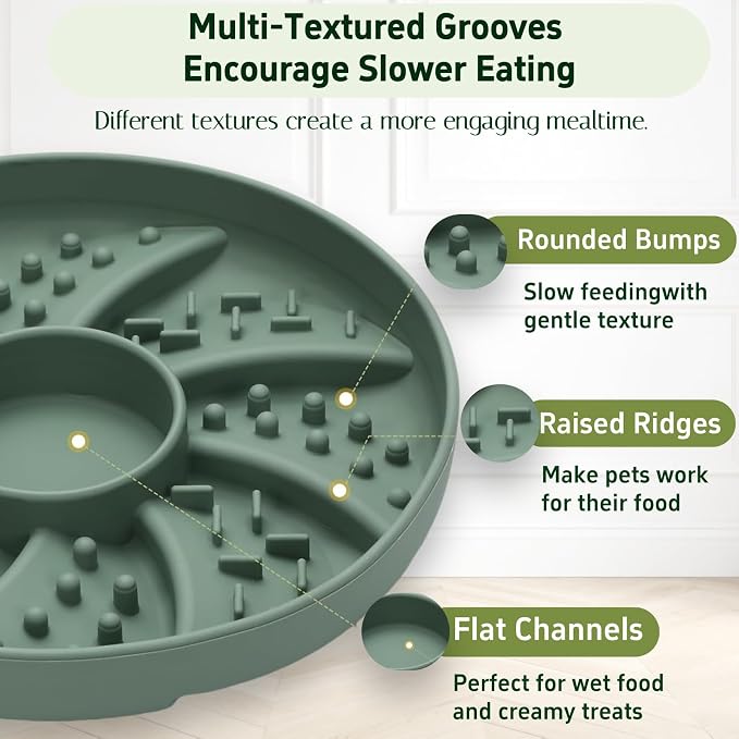 Slow Feeder Dog Bowl Silicone Suction Cup Anti Spill Dogs Cats Green | strong suction base prevents sliding, extends mealtime, reduces anxiety, textured surface, dishwasher safe