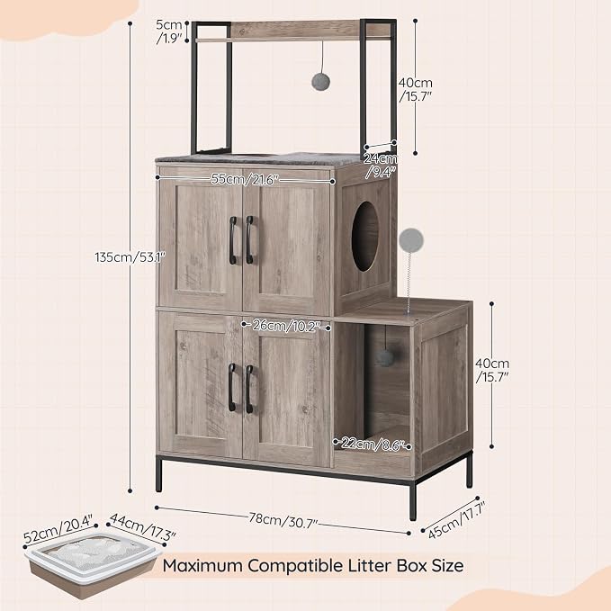 HOOBRO Cat Litter Box Enclosure Furniture, 2 in 1 Hidden Litter Box Furniture with Shelf, Double Litter Box Cabinet with 2 Dangling Plush Balls and 1 Toy Ball, Greige and Black BG78MW01