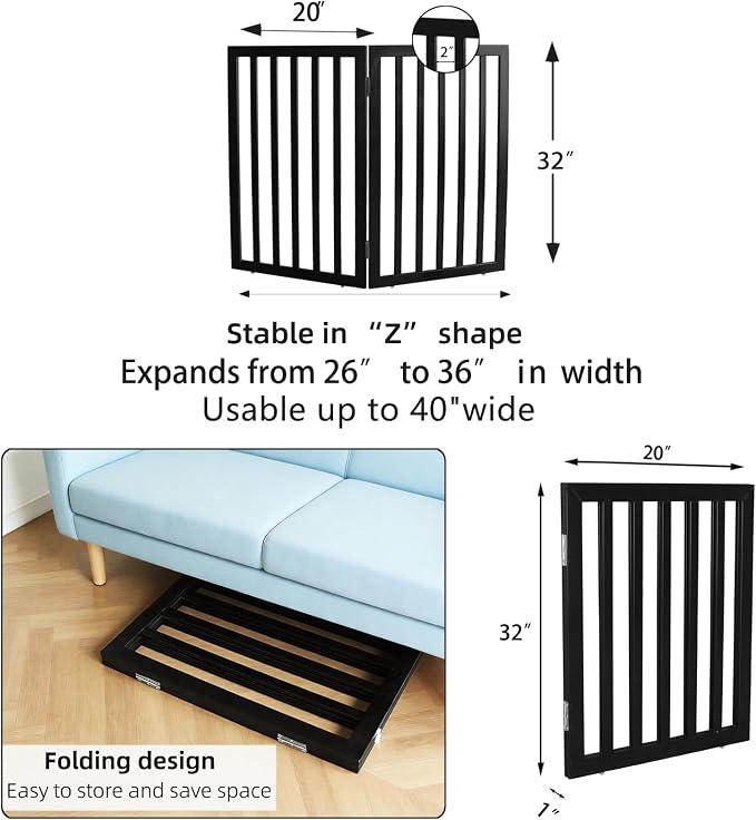 Dog Gate Indoor, Freestanding Dog Fence for The House, Doorways, Hallways,or Stairs,Pet Gate Foldable Wooden,Expandable 32" Height 2 Panels,Black