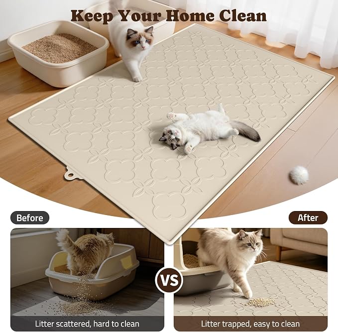 Pawtners Cat Litter Mat Extra Large 42" X 30", Easy to Clean, Beige, 2 Pack | Non-Slip Kitty Litter Mat for Floor, Waterproof & Urine-Proof Cat Litter Mat Litter Trapping Mat, Soft on Kitty Paws