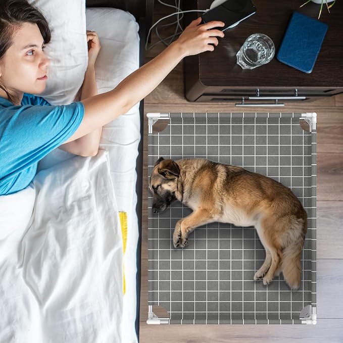 Elevated Dog Bed with Guardrail, Raised Pet Bed for Medium Dogs | Rust-resistant stainless steel frame with safety fence & soft cotton fabric. Anti-slip feet for secure indoor and outdoor use