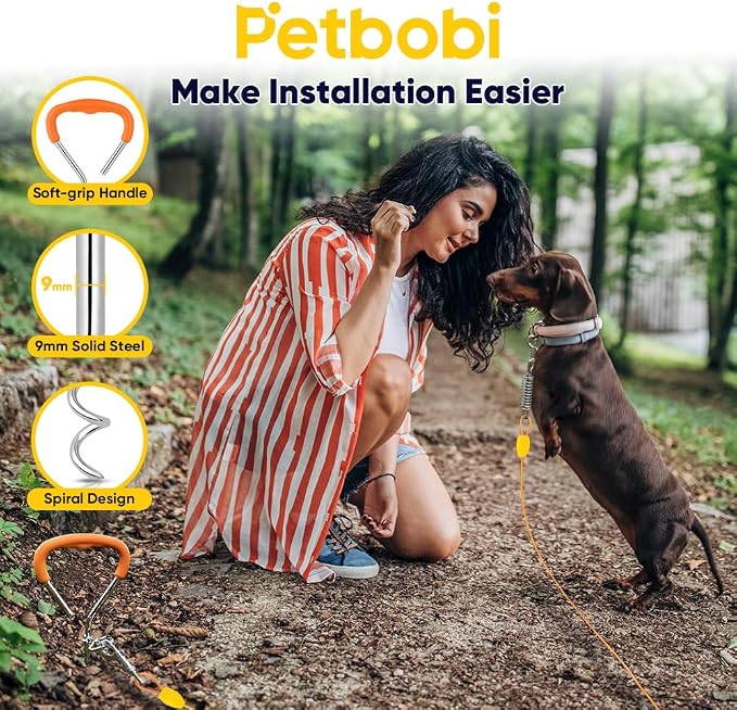 Petbobi Dog Tie Out Cable and Stake, 10ft Heavy Duty Dog Leads for Yard | 4in Shock Spring, 16in Spiral Ground Anchor, 360° No-Tangle Swivel, Chew-Proof Rustproof Wire, Up to 120 lbs, Outdoor Camping