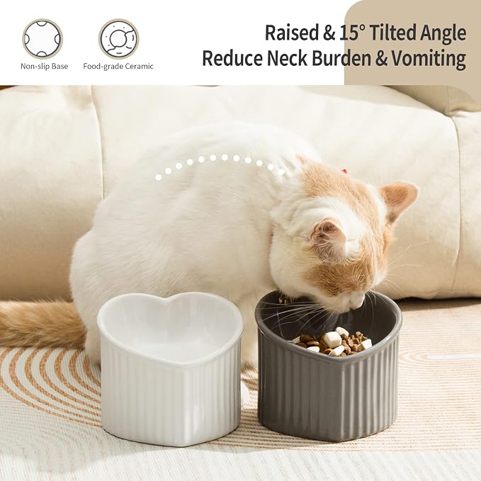 5.5 in Ceramic Raised Tilted Cat Food Bowls 2 Pack | Elevated, Love Heart Shape, Slanted, Stress Free, Feeding Dishes, Protect Pet's Spine, Reduce Neck Burden, White&Grey