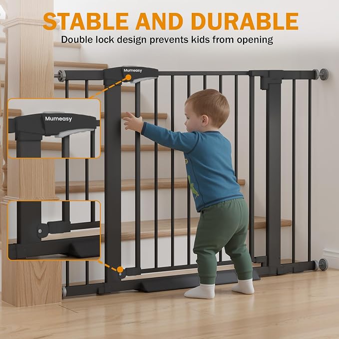 Mumeasy 29.7-43" Baby Gate, Adjustable Safety Gate for Stairs & Doorways | No drill installation, auto close door, one hand operation, adjustable width, for dogs pets babies toddlers