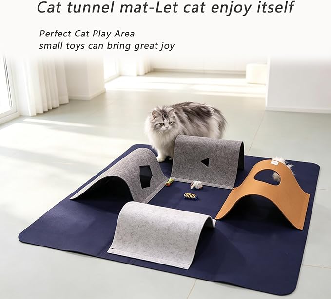 Cat Tunnel Mat for Indoor,4-Way Felt Cats Play Mat Cat Cave for Hide & Seek | Furphoria 39.4" Large Cat Tunnel with 6 Pcs Toys Set Interactive Cat Enrichment for Foldable Kitten Tunnel (Navy Blue)