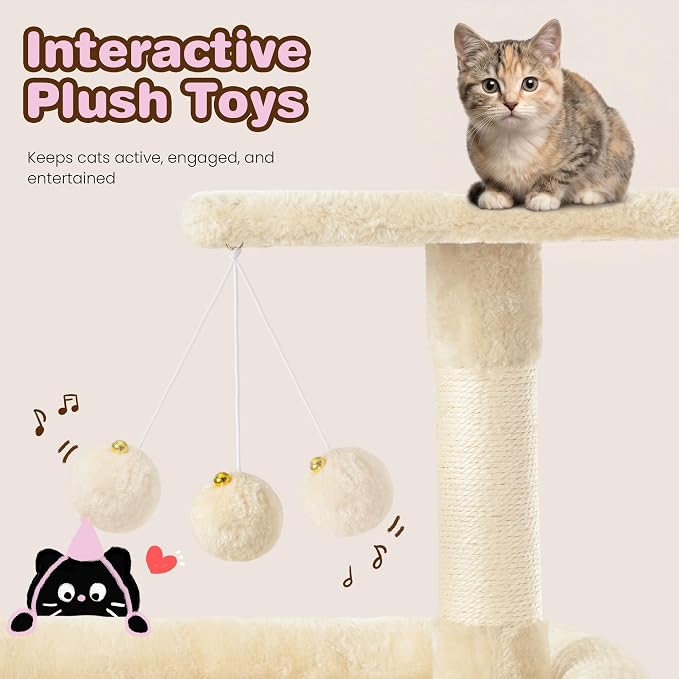 SHA CERLIN 82 inch Cat Tree Tower, Multi-Level Cat Condo with Plush Perches, Sisal Scratching Posts, Hammock and Toys, Stable Cat Tower for Kittens and Adult Cats, Beige