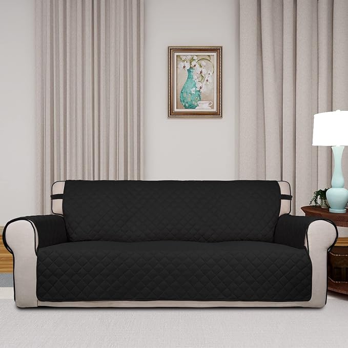 PureFit Reversible Quilted Couch Covers for Dogs Oversized Sofa Cover 78” | Black/Black, Water Resistant Couch Protector, Washable Pet Couch Cover with Non Slip and Elastic Straps For Kids
