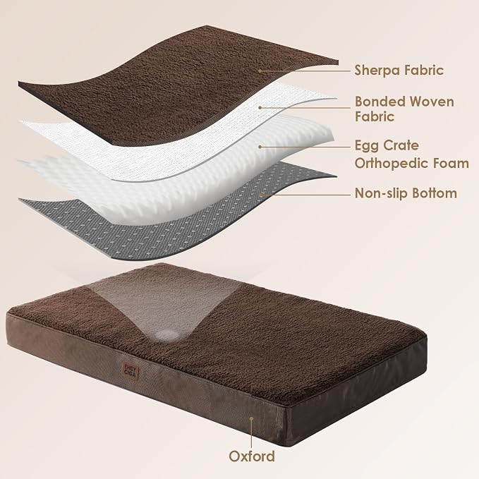 EHEYCIGA Orthopedic Dog Bed Large with Removable Washable Cover,Brown,44x32 | Egg Crate Foam Support,Durable Oxford fabric,Non-Slip Bottom,Machine Washable,Soft Waterproof Plush Pet Bed Mat For Crate