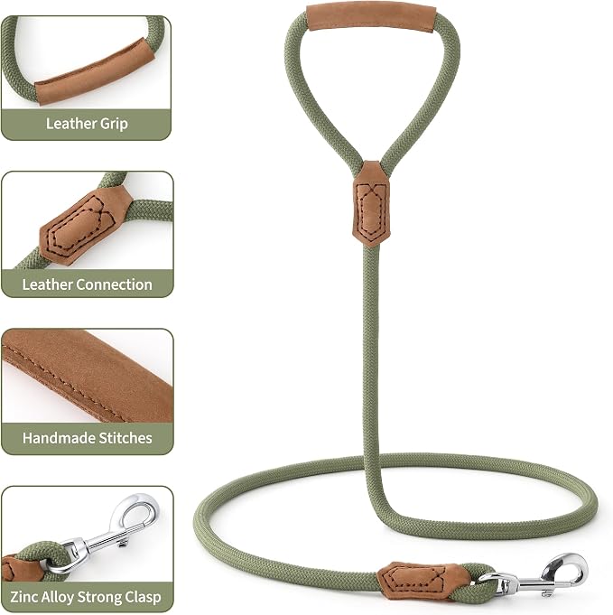 Mile High Life Dog Leash with Genuine Leather Handle, 6 FT/5 FT/4 FT | Leather Grip Rope Leash, Heavy Duty 360° Swivel Metal Clasp, for Small Medium & Large Dogs
