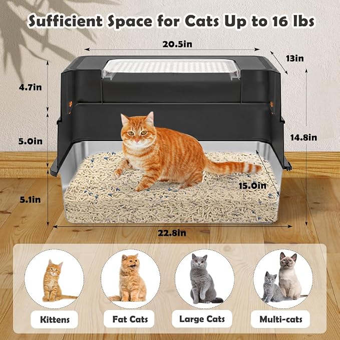 Vivifying Stainless Steel Litter Box, XL Side Entry Extra Large Litter Box with Lid for Big Cats & Kitty, Removable Enclosed Metal Cat Pan with High Sided Enclosure, Scoop (Black)