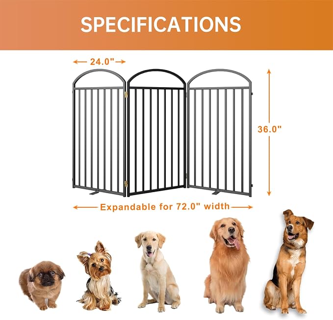 SNUOWU 3 Panels Full Matel Freestanding Dog Gates, 72" Extra Wide 36" Tall Free Standing Dog Pet Gate for Indoor & Outdoor. Foldable Pet Fences for Doorways, House, Stairs, Porch, Deck, Yard