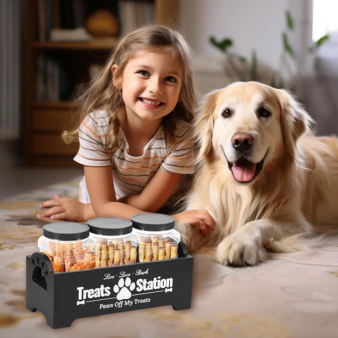 Dog Treat Container, Dog Food Storage Container with 3 Plastic Treat Jars, Wood Countertop Dog Treat Holder, Reusable Dog Treat Storage Organizer, Pet Food Container for Dogs Cats (black)
