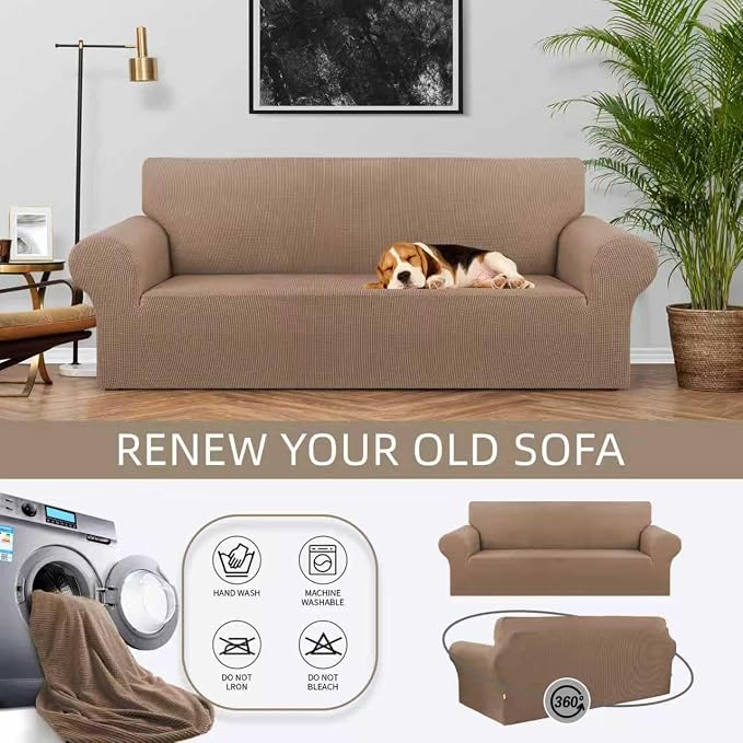 Stretch Couch Covers for Sofa, 3 Cushion Couch Slipcover,Camel | 1-Piece Washable Sofa Cover Pet Friendly(78"-94") Furniture Protector Soft Jacquard, Elastic Bottom for Dogs & Kids