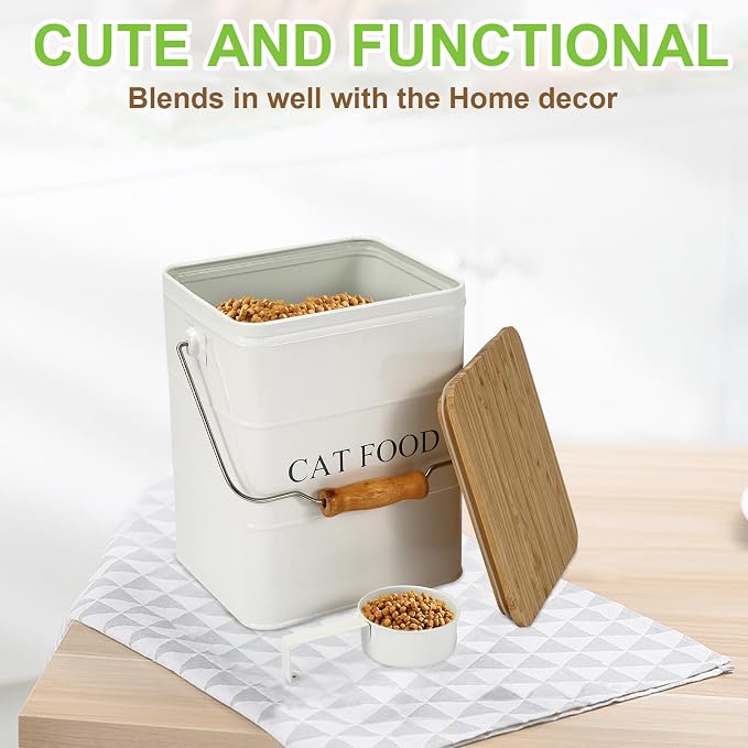 Cat Food storage container Cat Treats Jar,5~6 lb Metal food treats tin for Cat, pet snacks Canisters with wooden lid/handle/sevice scoop-White