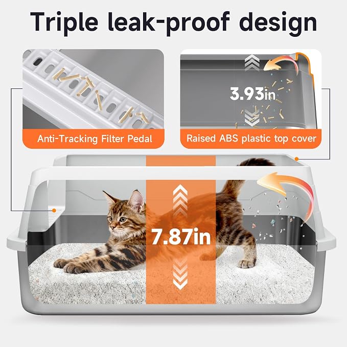 Stainless Steel Cat Litter Box for Small Cats, Odor Free Metal Litter Box | High Sides Lid Open Top Low Entry Litter Pan Easy Cleaning Kitty Cat Box Anti-Urine Leakage Non-Sticky Include Scoop