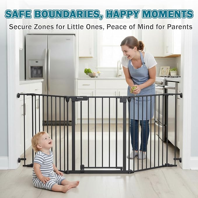 Mumeasy 80" Extra Wide Baby Gate for Doorways & Stairs, Dog Gate Indoor | Hardware Mounted Pet Gate, Auto Close Walk Thru Door, Large Child Safety Fence for Outdoor, Deck, Yard, 3 Metal Panels, Black
