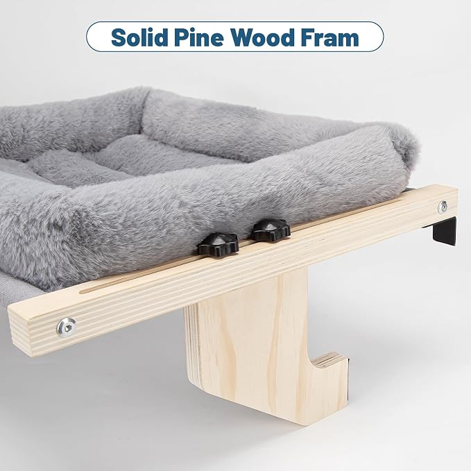 Cat Sill Window Perch - 100% Natural Pine Frame, Soft Plush Fleece, Tool-Free Adjustment, Supports 50 lbs (Large-Grey)