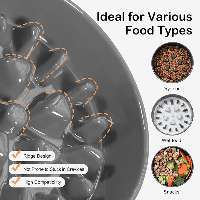 Sted Ceramic Slow Feeder Dog Bowls with Silicone Base | Slow Feeding Dog Bowl Small Medium Breed, Dog Food Bowls for Fast Eaters, Slow Down Eating, Puzzle Dog Food Bowl, Maze Grey