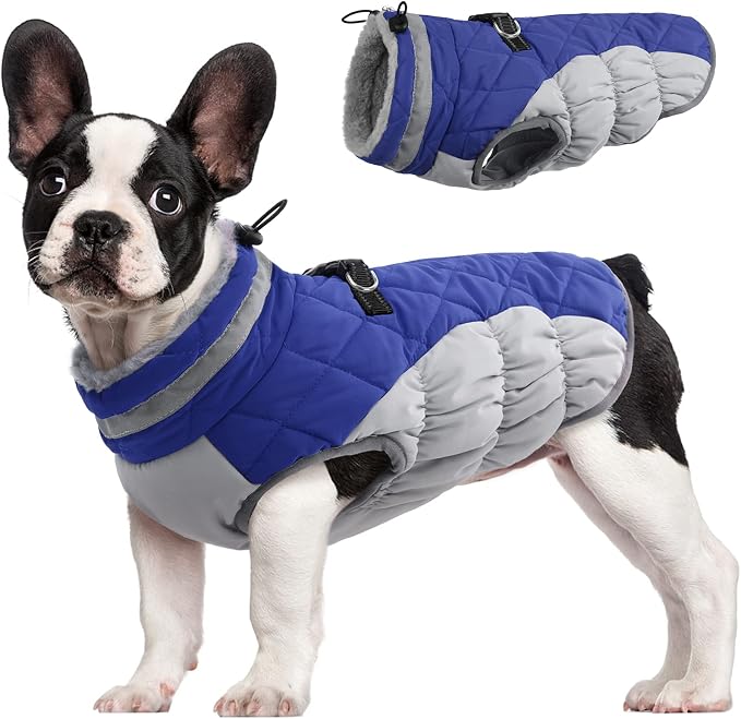 FUAMEY Dog Coat for Medium Dogs, Fleece Dog Winter Jacket with Harness | Puppy Cold Weather Coats Reflective Pet Puffer Vest with Zipper Water-Resistant Warm Dogs Snowsuit Windproof Blue M