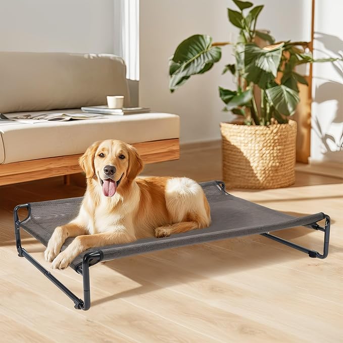 Veehoo Outdoor Elevated Dog Bed, Cooling Raised Dog Beds for Large Dogs | Washable Dog Cot with Headrest Sides, Non-Skid Feet, Breathable Mesh, Cooling Pet Hammock for Indoor or Camping, 42", Brown