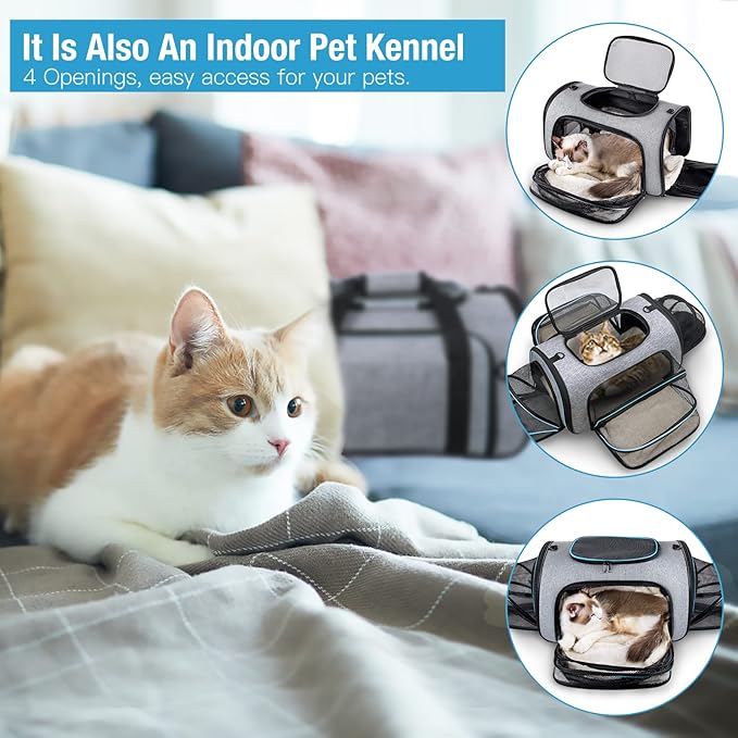 Siivton Pet Carrier Airline Approved, 4 Sides Expandable Cat Carrier Bag with Removable Fleece Pad, Large Soft Sided Pet Travel Carrier, Dog Carrier for Cats, Puppy and Small Dogs