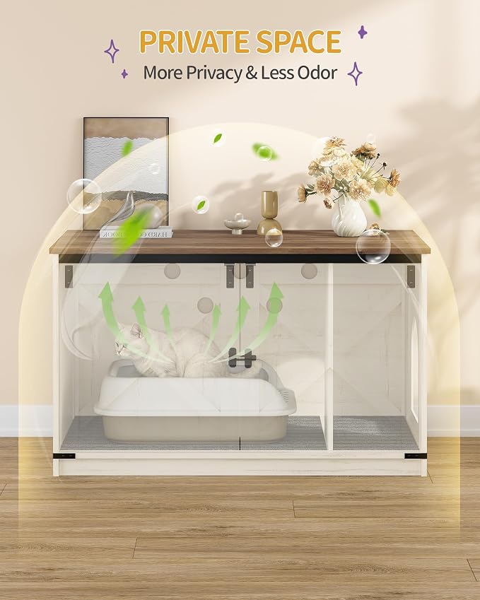 Hzuaneri Cat Litter Box Enclosure, Hidden Litter Box Furniture with Divider | Wooden Cat Cabinet with Removable Dividers, Reversible Entrance Left or Right Side, Cat Washroom, Rustic White Brown CB84714X