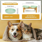 Shallow Elevated Cat Bowls with Bamboo Stand, 6.1 Inch Wide Ceramic Cat Dish Whisker Friendly, 2 Pack Pet Food and Water Plates
