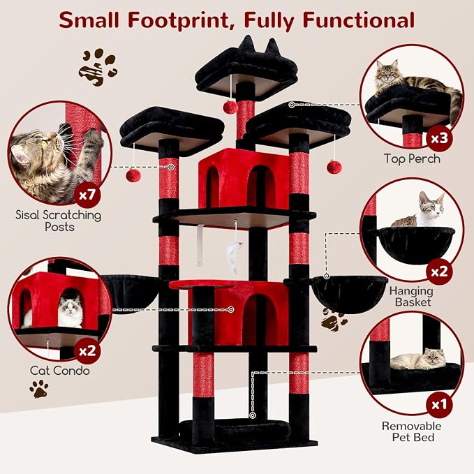 Globlazer Big Gothic Cat Tower for Indoor Cats, 68 inch Cat Tower for Multiple Adult Cats XL Cat Tree with Scratching Post, 3 Perches, 2 Condos, 2 Basket, Removable Pet Bed, F68B, Black Red