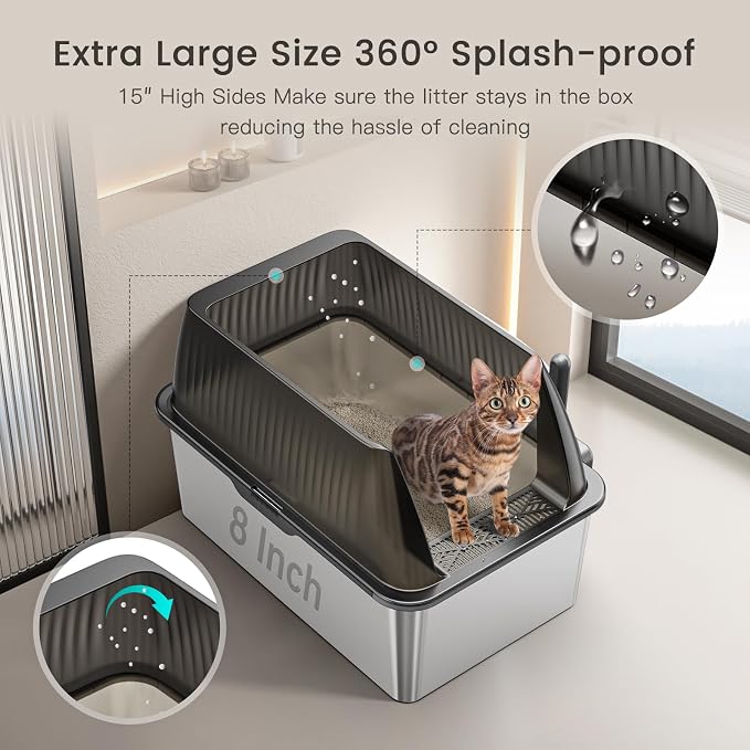 Tripamin 15” Stainless Steel Cat Litter Box,XL Stainless Steel with High Sides, Extra Large Metal Cat Litter Box for Big Cats, Multi Cats&Kitty, Easy Cleaning, Non-Sticky(Translucent Black)