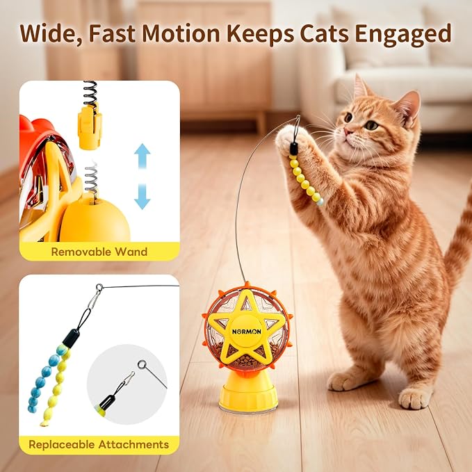NORMON Cat Treat Dispenser, Ferris Wheel Puzzle Feeder Toy with Teaser Wand | Treat puzzle, washable stable base, rotating snack wheel, indoor cats, solo play, exercise, mental stimulation, boredom play.