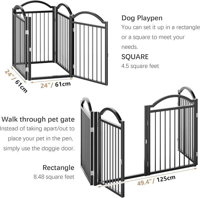 BHG Metal No-Assembly Freestanding Dog Gate with Door Walk Through, Extra Wide 96", Extra Tall 32" Pet Gate, Accordion Puppy Folding Playpen Dog Fence for Indoor & Outdoor, with 2PCS Support
