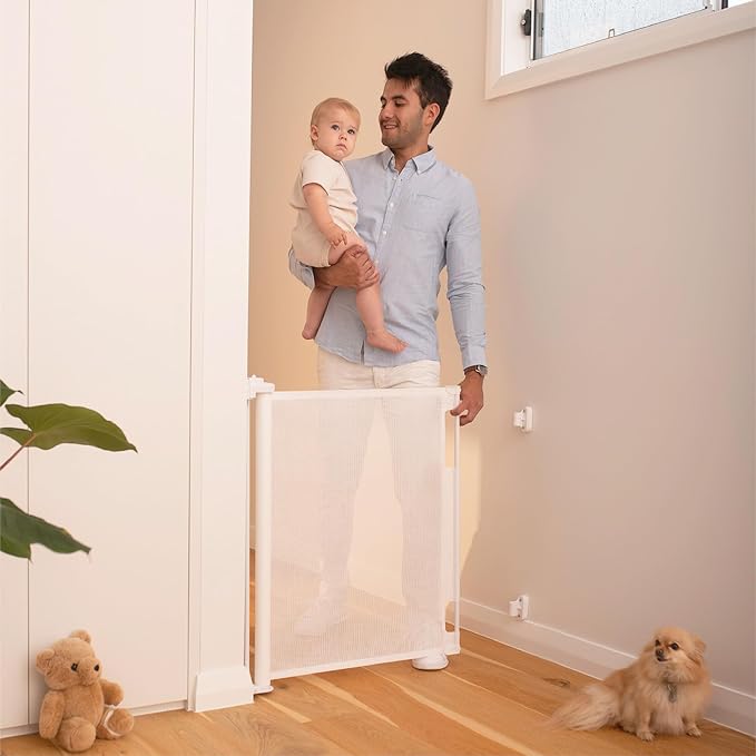 Retractable Baby Gate Perma Child Safety 33" Tall x 55” Wide, Mesh, for Stairs, Doorways, Dogs, Pets, Indoor, Outdoor, One-Handed Operation, Locking, Easy Install, Hardware Mount, White