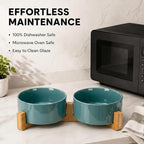 SPUNKYJUNKY Ceramic Dog and Cat Bowl Set with Wooden Stand, Modern Cute Weighted Food Water Set for Small Size Dogs (13.5OZ) & Medium Sized Dogs (28.7OZ) & Cats (3.6 Cups, 2 × Light Green)