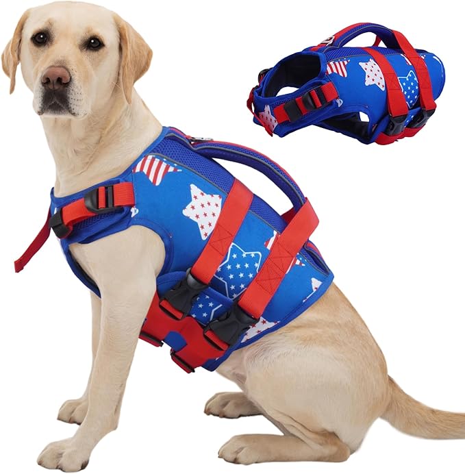 Kuoser Dog Life Jacket High Flotation, American Flag Dogs Life Vest for Swim Boating Independence Day Dog lifejacket with Reflective & Rescue Handle, Adjustable Doggy Life Preserver for Large Dogs 2XL