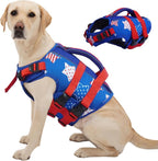Kuoser Dog Life Jacket High Flotation, American Flag Dogs Life Vest for Swim Boating Independence Day Dog lifejacket with Reflective & Rescue Handle, Adjustable Doggy Life Preserver for Large Dogs 2XL