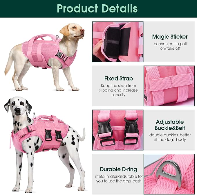 Kuoser Dog Life Jacket, High Flotation Reflective Dog Life Vest, Pink, XXL | Adjustable Dog Lifejackets for Small Medium Large Dogs, Lifevest with Rescue Handle for Swimming, Boating, Lake, Beach & Pool