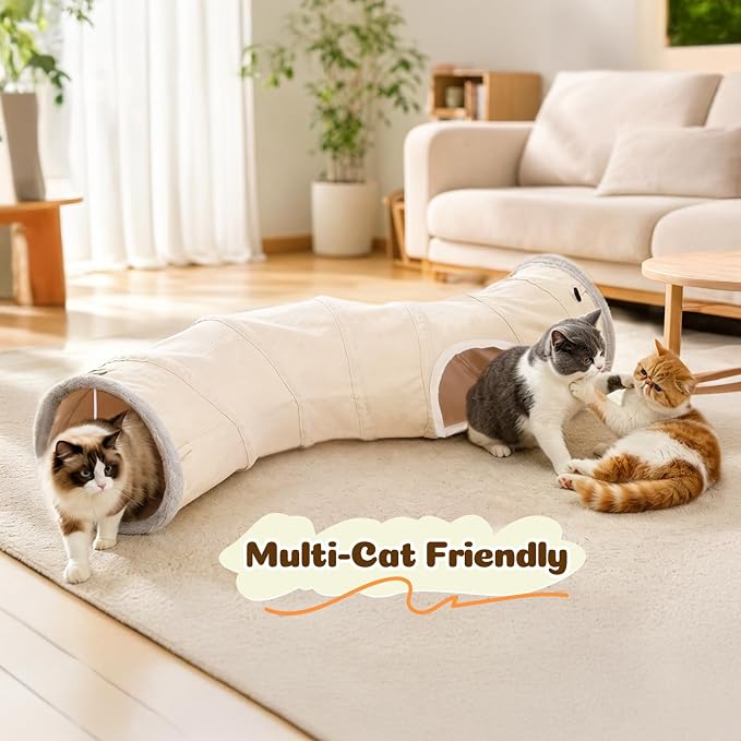 Ownpets S-Shape Cat Tunnel Toy 48"L x 12"D, for Cats, Puppies & Small Pets | Collapsible for storage, tear-resistant oxford fabric, connects to other tunnel, with peek hole, feather wand, indoor/outdoor