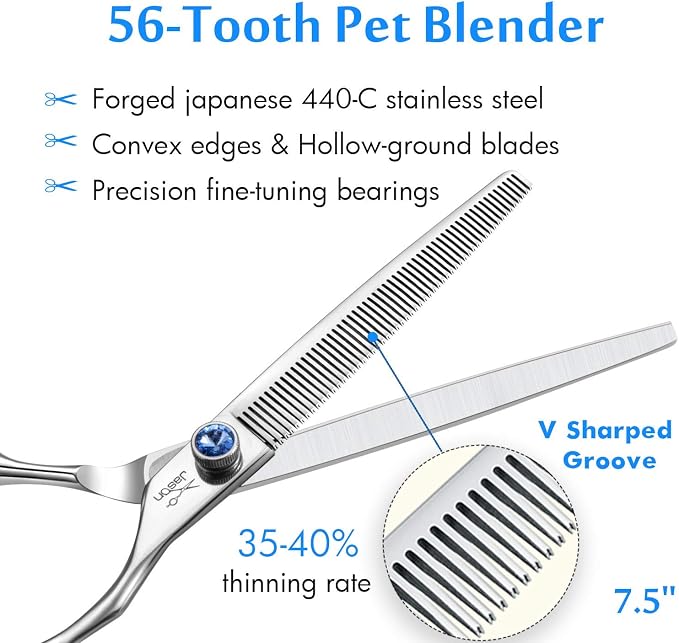 JASON Dogs Grooming Thinning Scissors - 7.5" 56-Tooth Blending Cats Shears | Pets Blender Thinner Trimming Texturizing Kit with Offset Handle, Blue Jewelled Screw