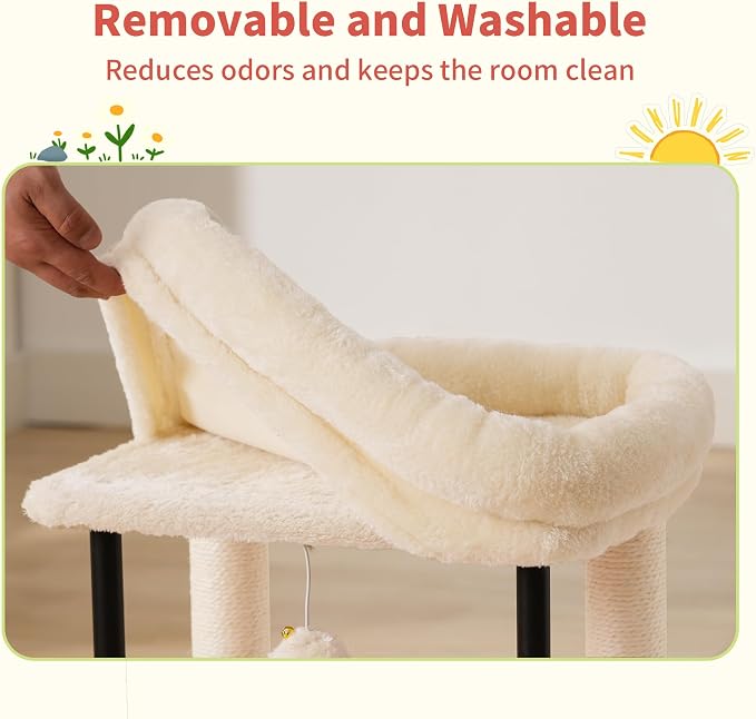Hey-brother Cat Tree, Sturdy Tower with Sisal-Wrapped Columns, MPJ010SM | 18.9 Inches Cats Scratching Posts with Bed, Plush Toy Ball for Indoor Kittens, Beige