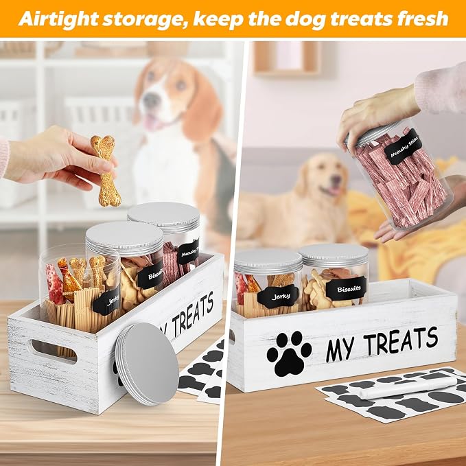 qeerable Dog Treat Container for Countertop - Dog Food Storage with 3 Jars - Pet Food Organizer For Puppy - Airtight White Wooden Dog Treat Storage With Lids - Great Gift for Pet Dog Owners