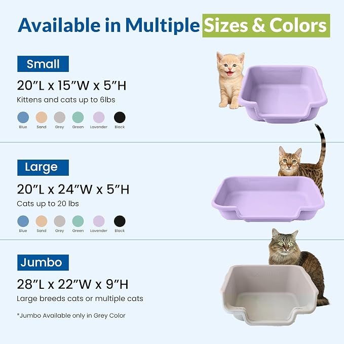 KittyGohere Senior Cat Litter Box Small with Scoop, 2 Pack Lavender | Open Top Low Entrance Kitty Litter Box With With Long-handle Jumbo Scoop, Lightweight & Durable Litters Box, Made in USA