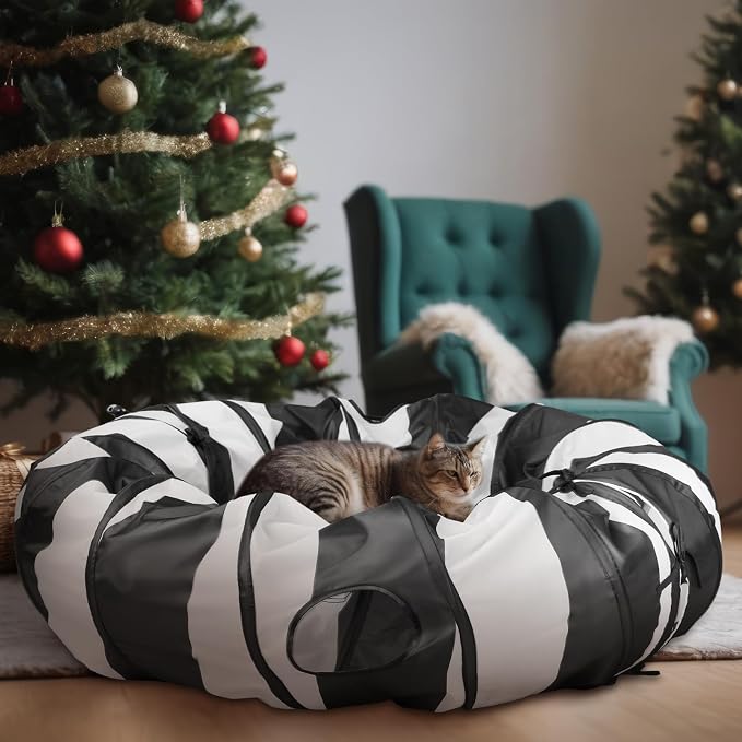 4' x 4' x 11.8'' Cat Tunnel Christmas Tree Skirt Black and White Cat Tunnel Bed Under Christmas Tree 142'' Long Detachable Donut Tube for Indoor Cats Xmas Kitty Cave for Kitten Kitty