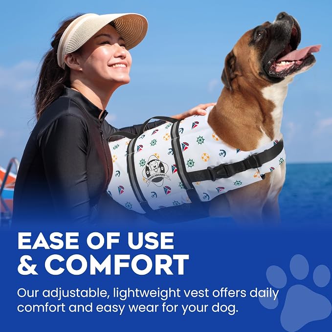 Dog Life Jacket - Swimming Vest for Dogs, Adjustable, Reflective, Comfortable, Multiple Colors, Patterns, XX-Small to Extra Large Dog Swim Vest with Handle (Nautical, Large)