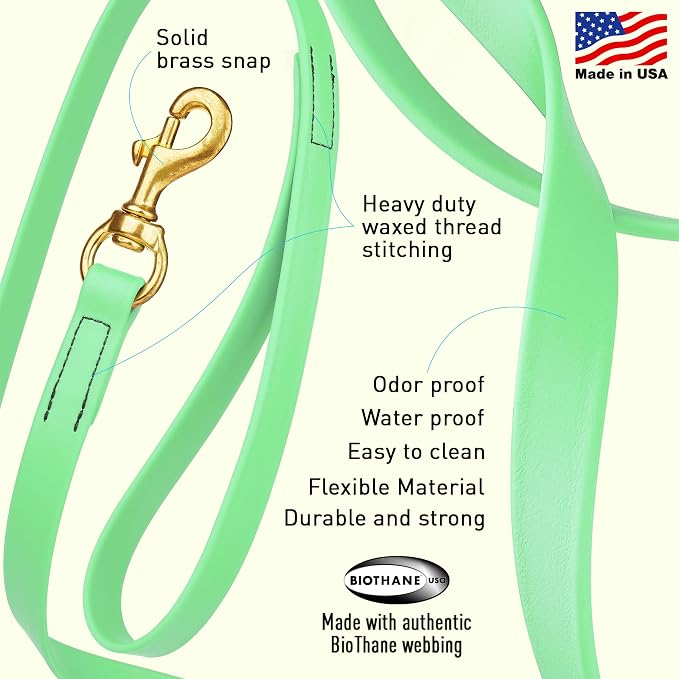 Viper Biothane K9 Working Dog Leash Waterproof Lead for Tracking Training Schutzhund Odor-Proof Long Line with Solid Brass Snap for Puppy Medium and Large Dogs, 10ft Sea Foam Green